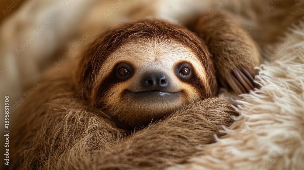 Fototapeta premium Adorable baby sloth snuggled in a soft blanket, looking directly at the camera with a sweet expression.