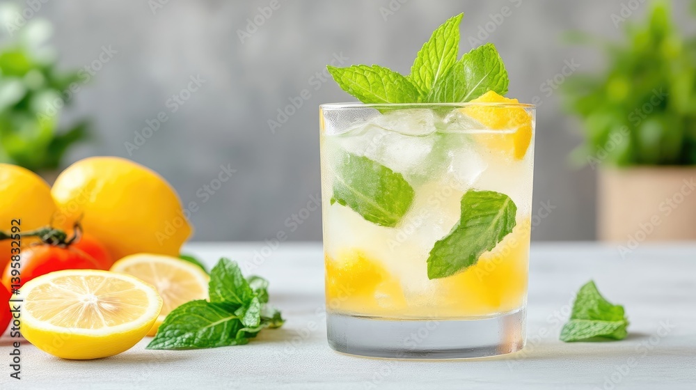 A refreshing lemon and mint cocktail served in a clear glass on a light wooden table, fresh lemons and mint leaves in the background, and bright and summery setting.