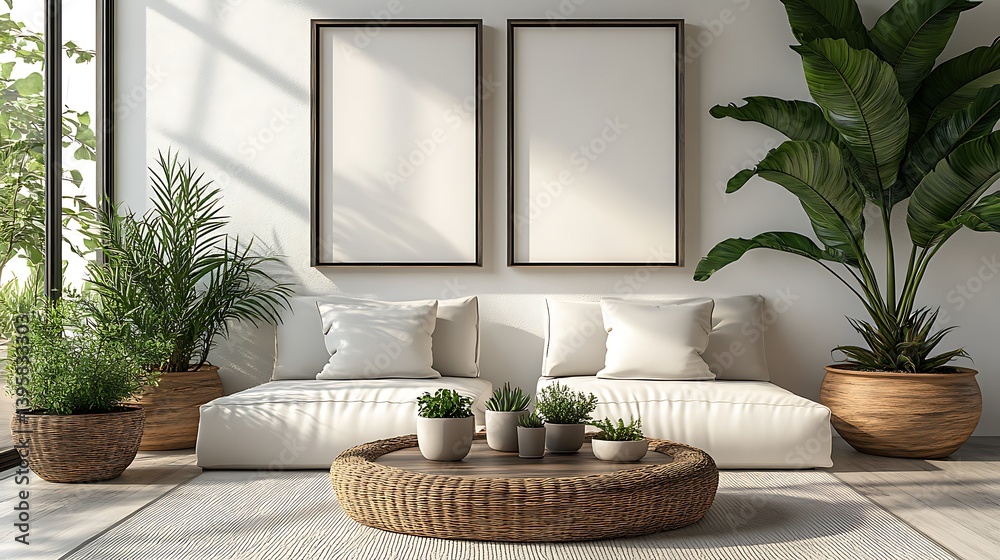 Serene Living Space: Minimalist Decor with Two Blank Frames, Plants, Pillows, and Woven Coffee Table, bathed in Natural Light.