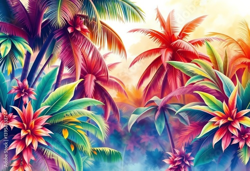 Lush watercolor tropical trees form a vibrant wall mural, ideal for wallpaper, banana, bamboo
