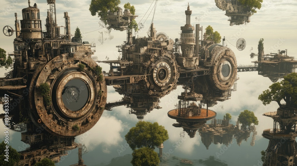 A mechanical parallel universe filled with massive gears, cogs, and floating metal islands background wallpaper AI generated image A mechanical parallel universe filled with massive gears, cogs, and floating metal islands background wallpaper AI generated image