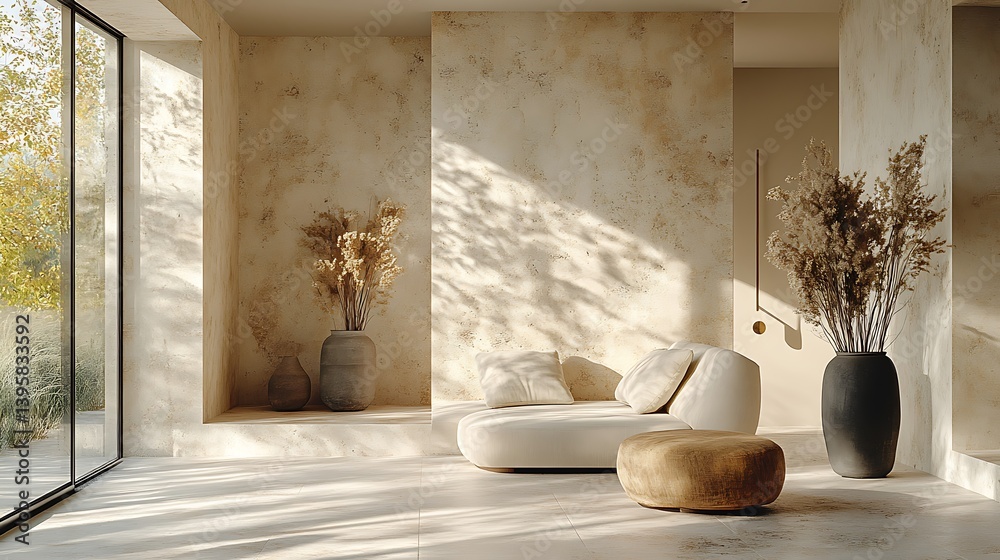 Serene Minimalist Interior with Natural Light, Neutral Tones, Textured Walls, Decorative Vases, Comfortable Sofa, and Modern Design Elements Creating a Peaceful Atmosphere.