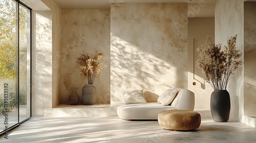 Obraz na płótnie Serene Minimalist Interior with Natural Light, Neutral Tones, Textured Walls, Decorative Vases, Comfortable Sofa, and Modern Design Elements Creating a Peaceful Atmosphere. w salonie