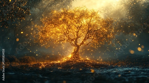 majestic tree with sprawling branches and radiant sun shining through its leaves creates serene and uplifting atmosphere.