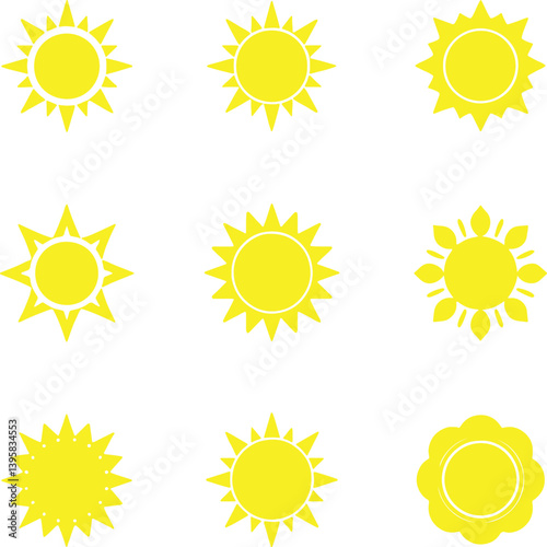Sun vector set of six in yellow color on white background. Sun simple icons collection. Yellow sun icon set, sunshine and solar glow, sunrise or sunset. Vector illustration.
