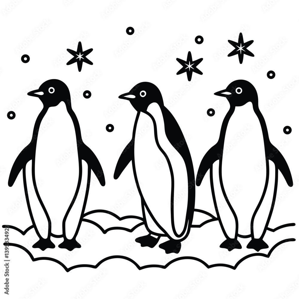 Naklejka premium Three Penguins Line Art Minimalist Black and White Design