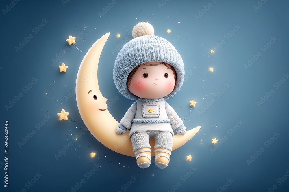 Fototapeta premium Cute cartoon astronaut floating next to a smiling moon and stars