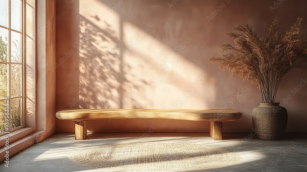 Serene room showcasing natural sunlight, organic textures, a wooden bench, pampas grass, and a soft rug creating a peaceful ambiance.
