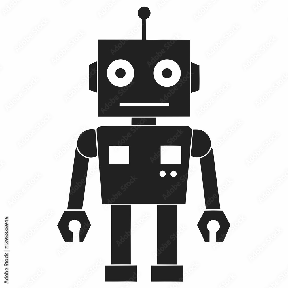 Fototapeta premium Black Silhouette Cute Robot Character with Antennas and Smiling Face