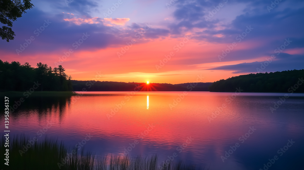 Serene landscape of a colorful sunset reflecting on a calm lake, bordered by a forest silhouette. Peaceful golden hour beauty.
Serene landscape of a colorful sunset reflecting on a calm lake, bordered by a forest silhouette. Peaceful golden hour beauty.