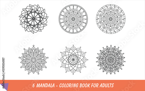 Set of 6 hand-drawn vector Arabic mandala on white background, geometric mandalas, achemistry signed mandalas, abstract geometric figures coloring objecrs