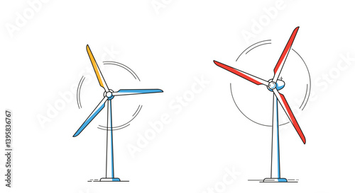 Colorful Wind Turbines Spinning in Simple Illustration Style  