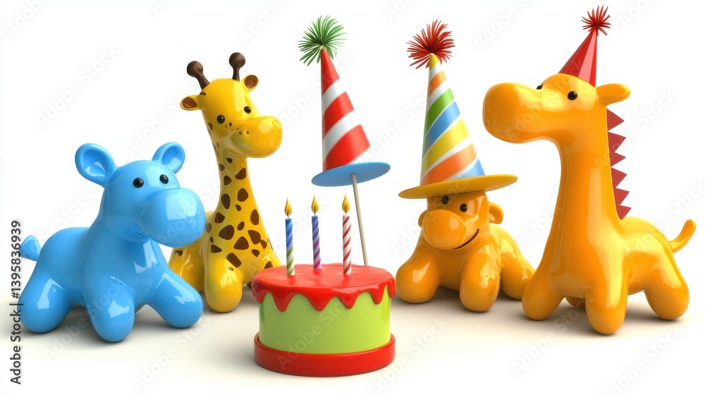 Fototapeta premium Cartoon animals celebrating birthday party colorful setting fun imagery joyful atmosphere playful concept