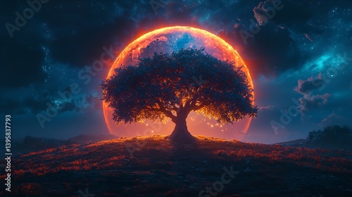 majestic tree with sprawling branches and radiant sun shining through its leaves creates serene and uplifting atmosphere.