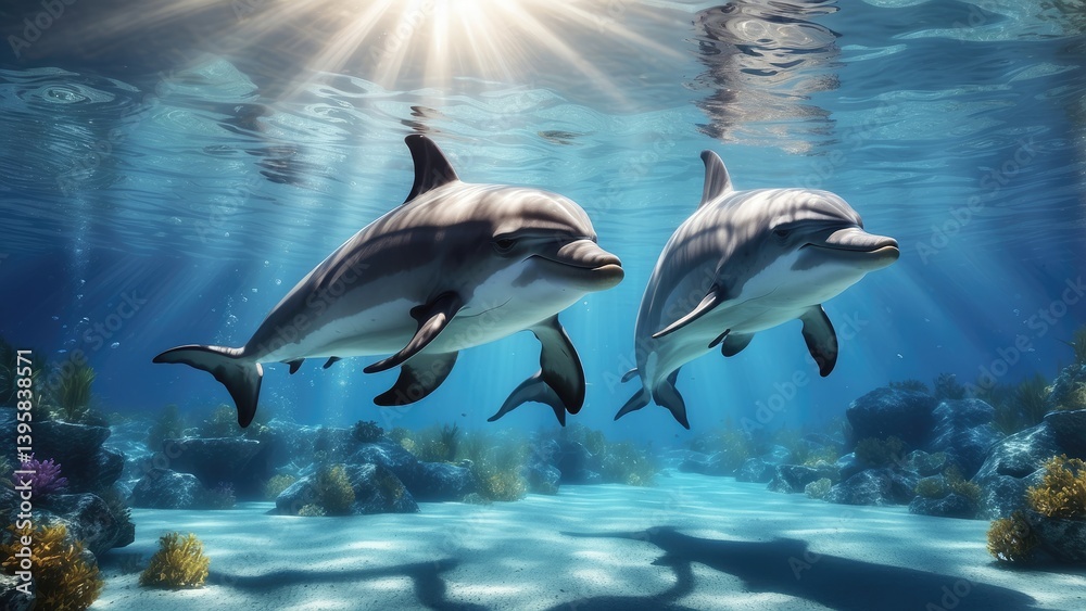 Fototapeta premium Two dolphins swimming in clear blue ocean water with sunlight streaming through the surface