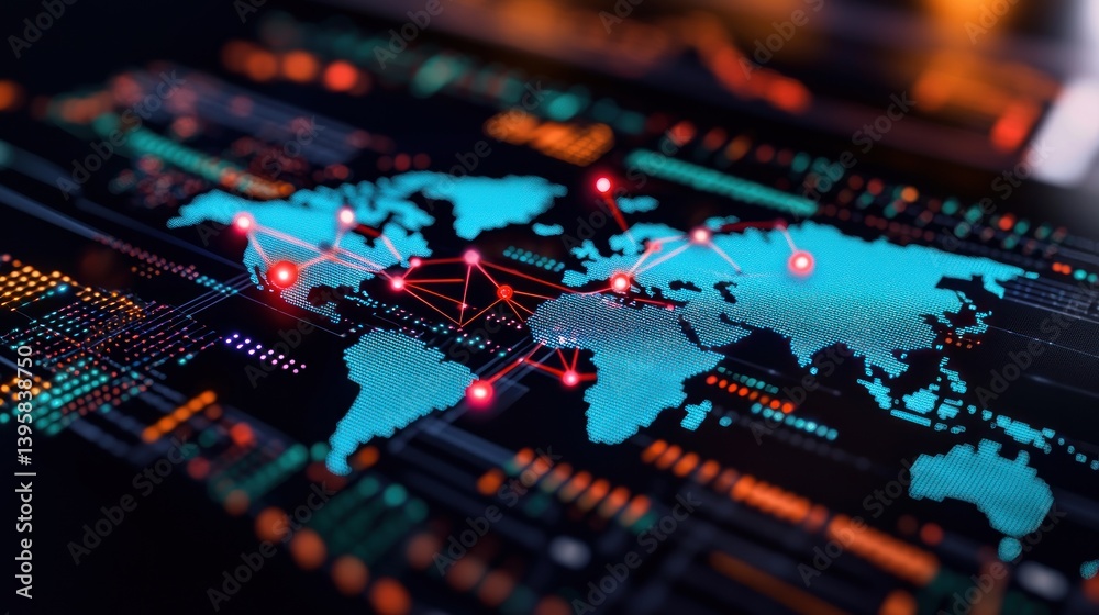 Fototapeta premium Global network connections, digital map, data flow, dark background, tech concept