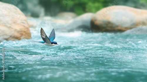 A tree swallow flying low over a river, its wings skimming the surface as it hunts for food