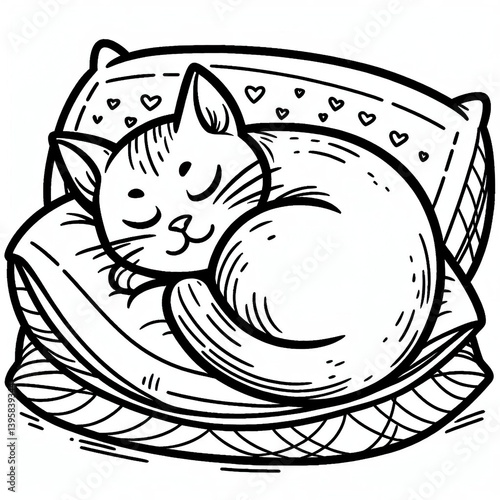 Coloring book Peaceful kitty curled up asleep on soft pillows Cute line art for coloring 