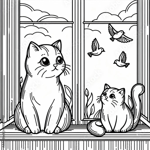 Coloring book Two sweet kittens watching birds outside the window Cute line art for coloring