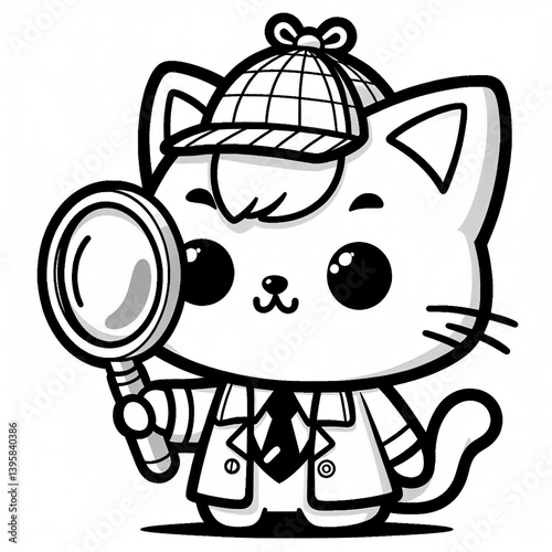 coloring book Intrepid detective cat with a magnifying glass Cute line art for coloring