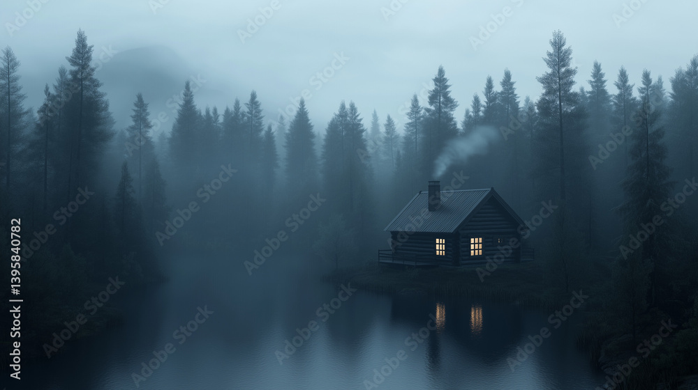 Cozy cabin with glowing windows in misty forest by a lake Cozy cabin with glowing windows in misty forest by a lake