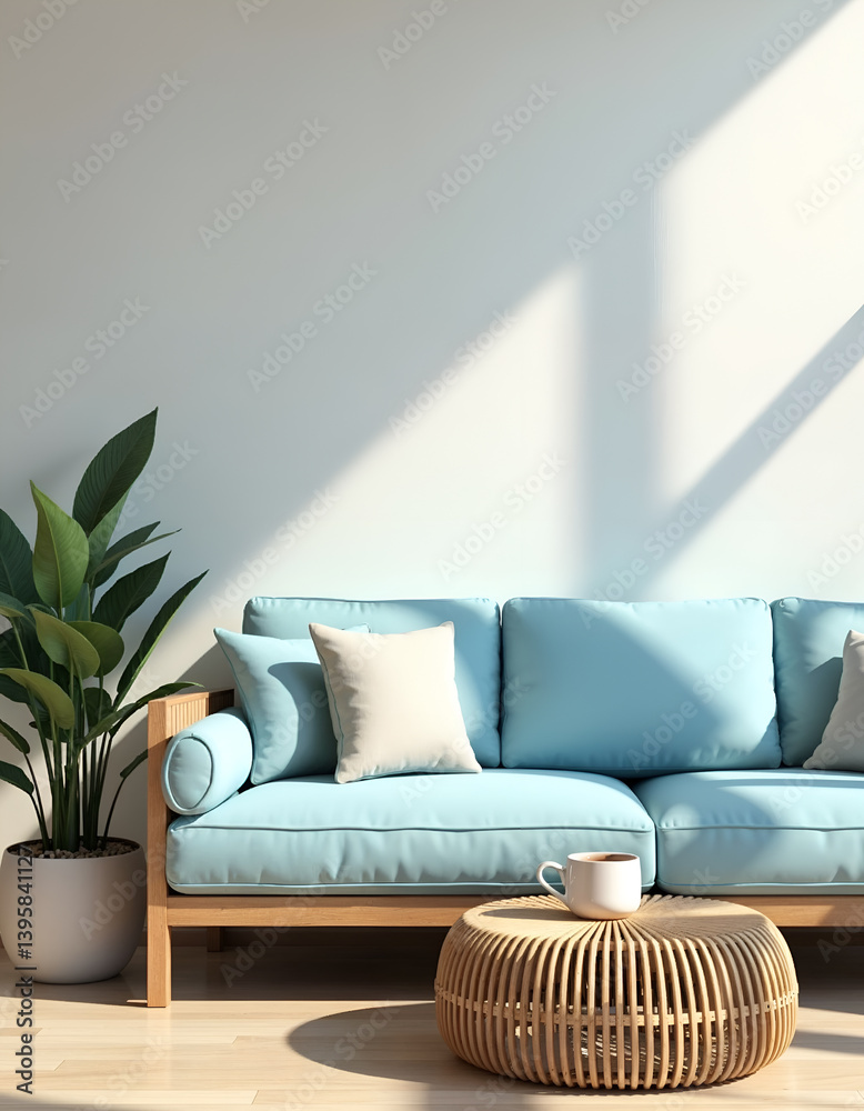 Light Blue Sofa in Modern Home Interior Mockup