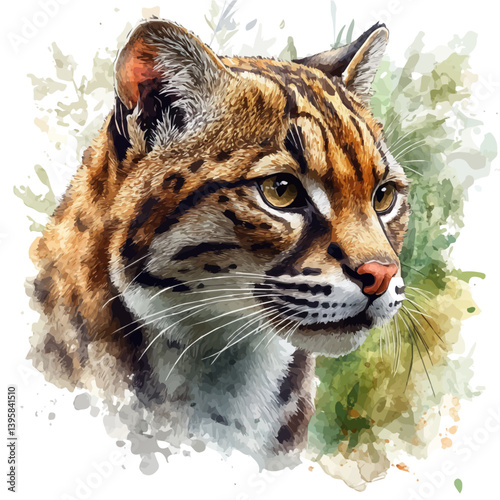 Fishing cat, watercolor illustration, isolated on a white background.

