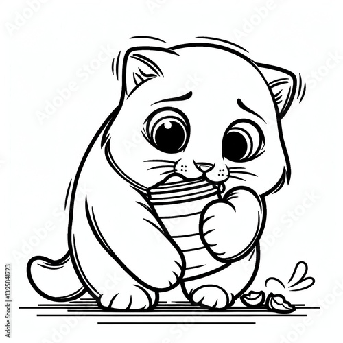 Coloring book Sad kitty nibbling on a broken cup! Cute line art for coloring