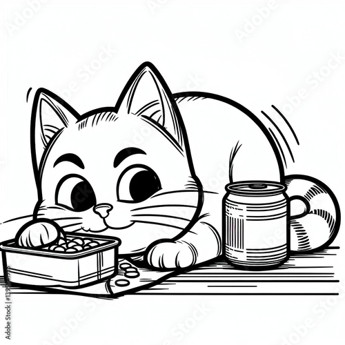 Coloring book Eager kitty reaching for food in a dish Cute line art for coloring
