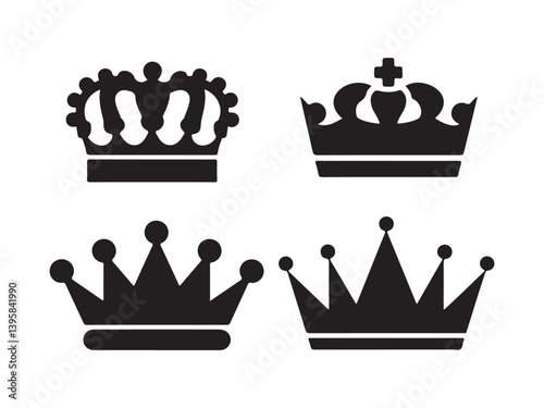 Royal crown icon set with gold and vintage style symbols for kings and queens