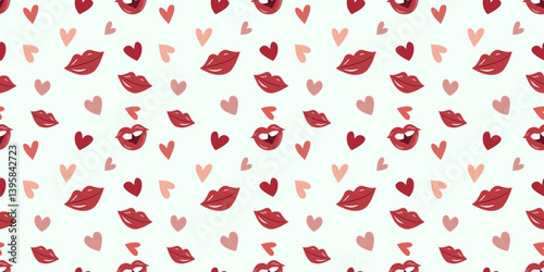 Seamless pattern with red lips and hearts on light background