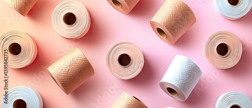 Pastel-colored toilet paper rolls arranged on a pink background in a flat lay pattern