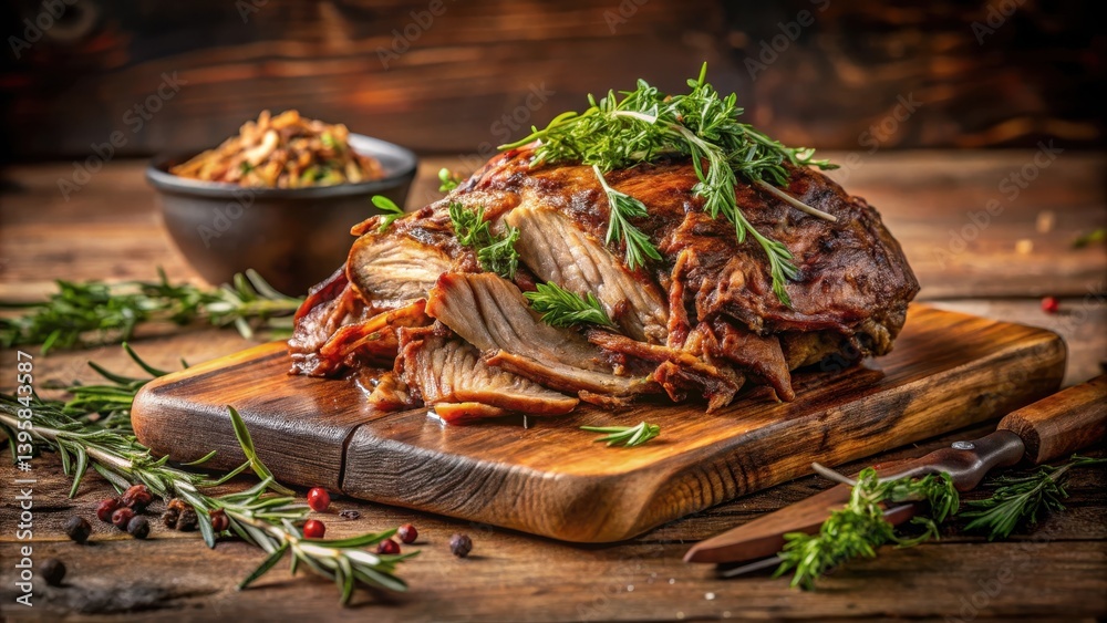 Delicious slow-cooked meat sliced on a rustic wooden board, garnished with fresh herbs and peppercorns. Delicious slow-cooked meat sliced on a rustic wooden board, garnished with fresh herbs and peppercorns.