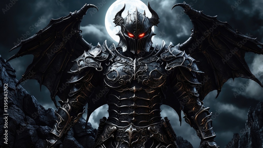 Naklejka premium an image of a dark knight in armor standing in front of a moonlit sky