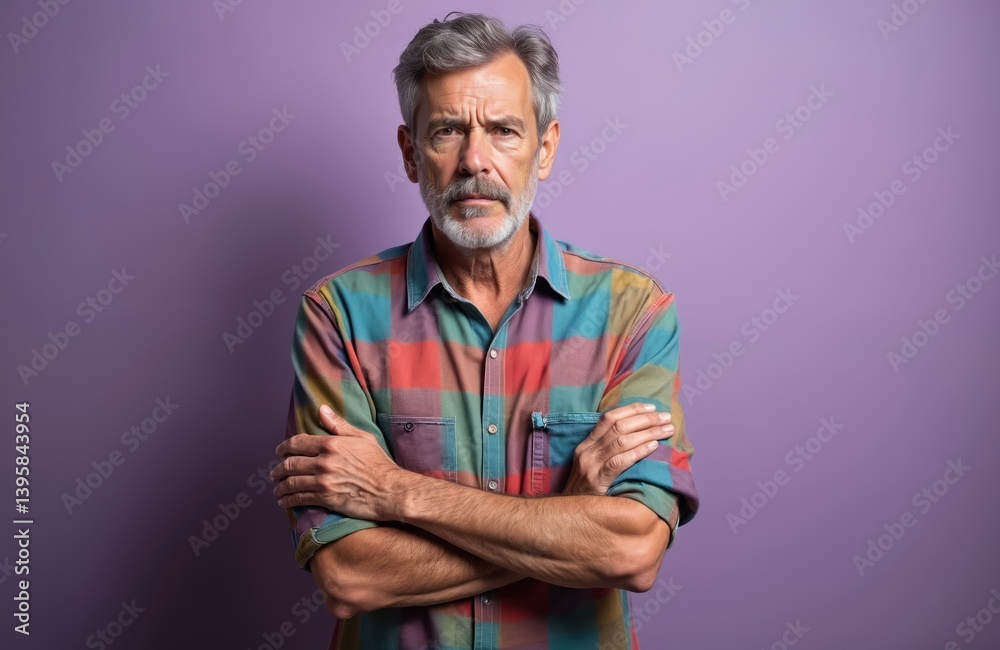 Handsome hoary senior man poses with crossed arms. Wearing casual colorful shirt against purple background. Elderly person with disapproving expression showing skepticism and disbelief. Handsome hoary senior man poses with crossed arms. Wearing casual colorful shirt against purple background. Elderly person with disapproving expression showing skepticism and disbelief.