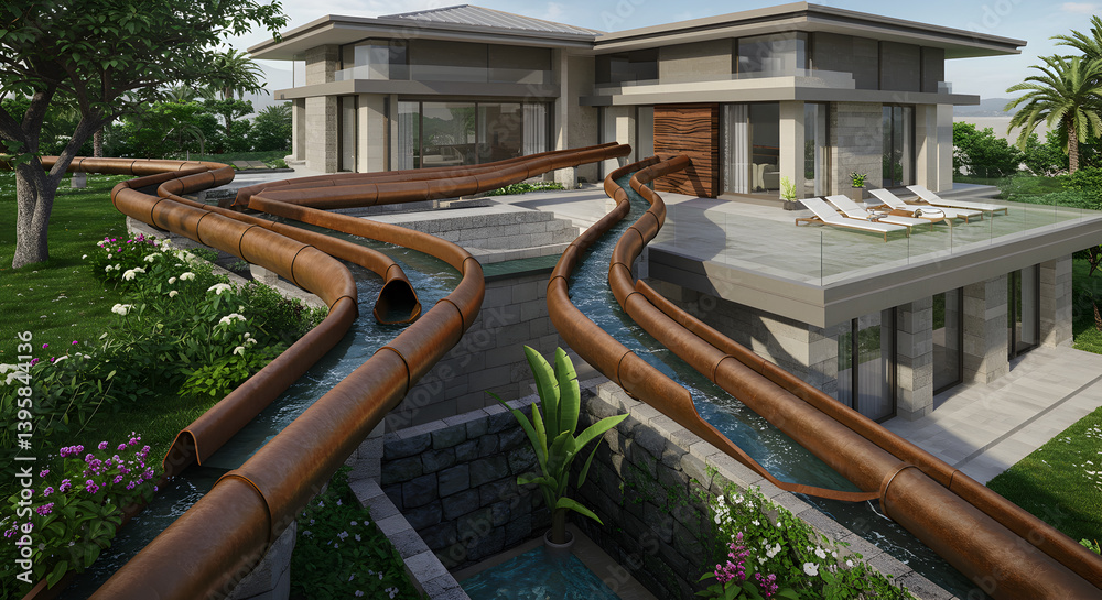 Fototapeta premium Luxury Villa With Rainwater Catchment System Integrated Into Gutter Designs