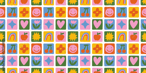 Fun colorful geometric shape seamless pattern. Abstract retro children style art background for kids, trendy design with geometry mosaic shapes. Simple childish patchwork wallpaper texture.	