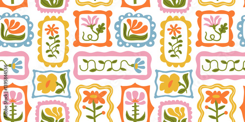 Colorful floral seamless pattern illustration. Vintage style flower frame background design. Geometric natural wallpaper print, spring season nature backdrop texture with flowers.	
