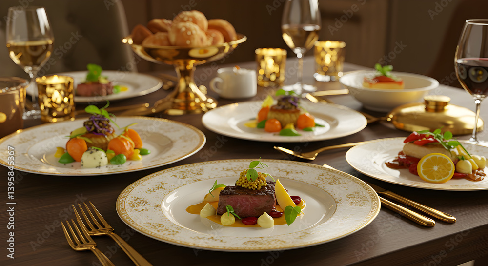 Lavish Dinner Setting Featuring Gold Accented Tableware And Gourmet Meals Lavish Dinner Setting Featuring Gold Accented Tableware And Gourmet Meals