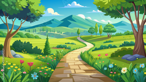 Tarmac foot path through a beautiful green grass and wild flowers meadow on a sunny summer day with trees and scenic hills in the distance. Landscape at the Kiltipper Park in Dublin, Ireland.