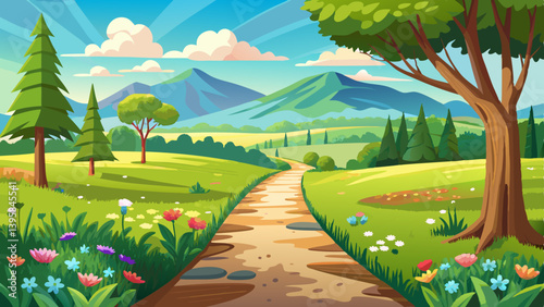 Tarmac foot path through a beautiful green grass and wild flowers meadow on a sunny summer day with trees and scenic hills in the distance. Landscape at the Kiltipper Park in Dublin, Ireland.