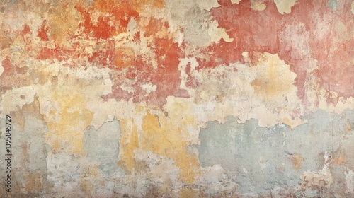 Ancient Roman fresco with cracked plaster, soft reds and yellows, architectural decoration