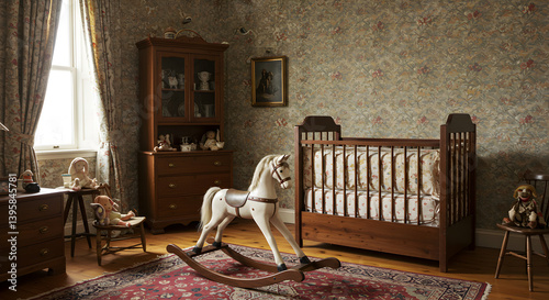 Charming Victorian Nursery With Antique Toys And Floral Wallpaper