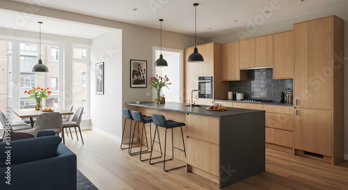 Modern Kitchen Island with Breakfast Bar and Workspace in Urban Apartment