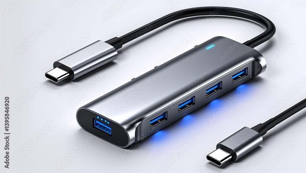 Ultra-Modern USB-C Hub with Multiple Ports, Detailed Close-Up
Ultra-Modern USB-C Hub with Multiple Ports, Detailed Close-Up