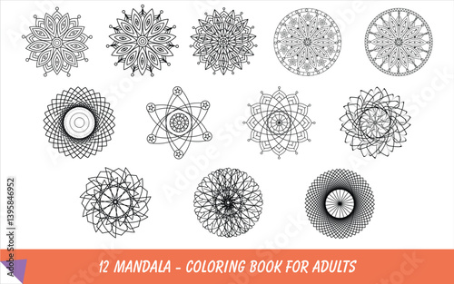 set of 12 simple and easy mandala for adults coloring book, cute mandala art