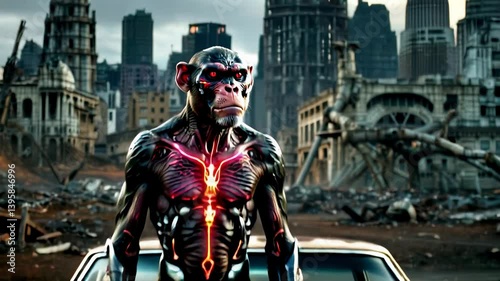 A cybernetic combat chimpanzee, partially metallic with glowing neon veins pulsating electric currents, stands on a retro car. Its red eyes focus
