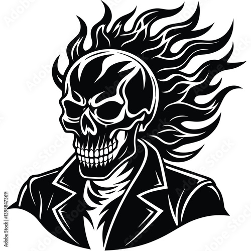 Skull with Flames and Chain Bold Line Art, Monochrome Creepy Design Element