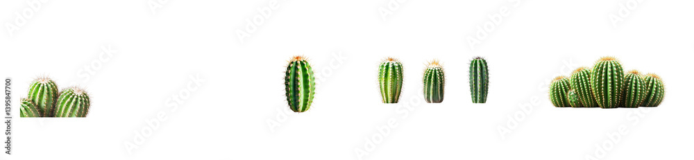 Naklejka premium Varied green cacti with unique patterns on clear background