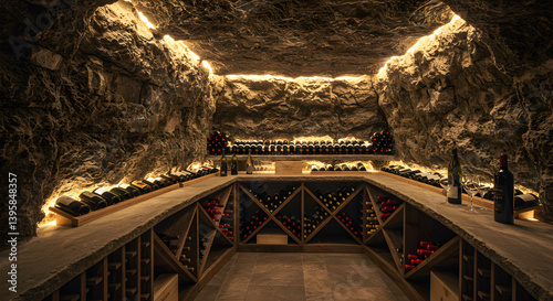 Elegant Wine Cellar Built into Natural Rock Formation with Ambient Lighting